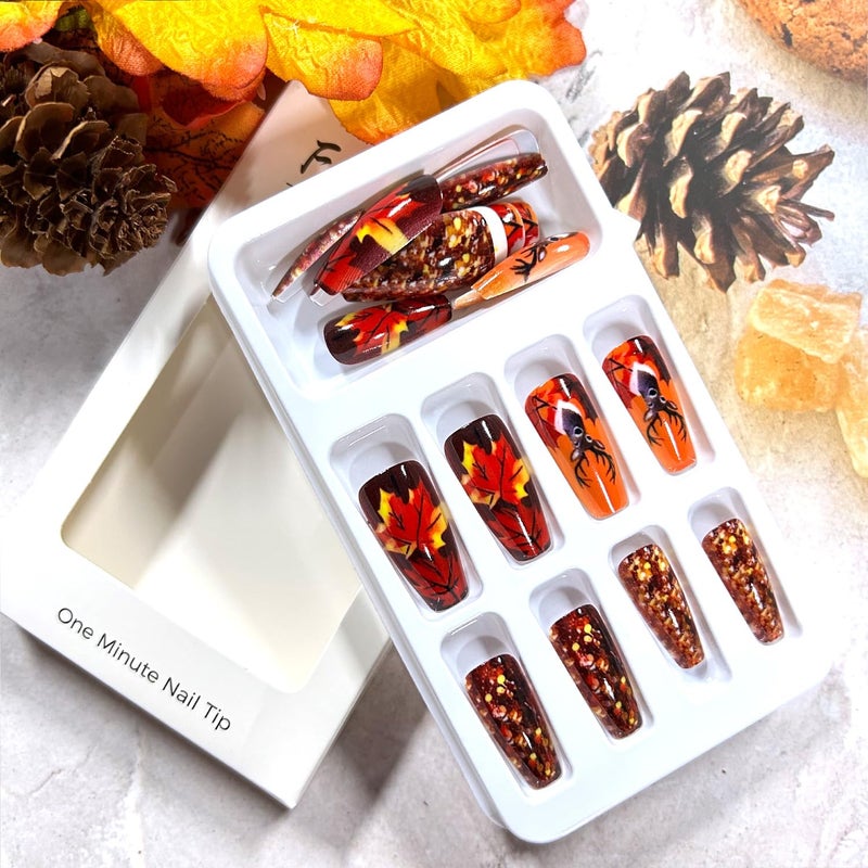 CJDLTS Maple Leaf Thanksgiving Press on Nails Medium Ballet Shaped Artificial Acrylic Nails Cartoon Elk Glitter Sequin Design Stick on Nails Full Cover Glue on Nail Festival Artificial Fingernails for Women - Image 3